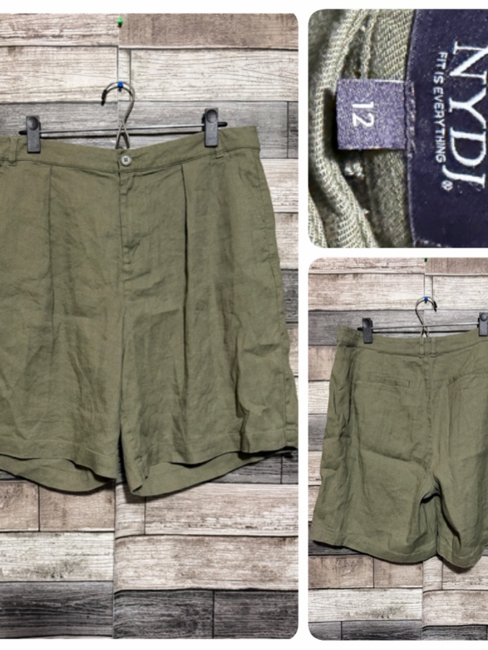 NYDJ Relaxed Shorts Women’s 12 Green Pleated High Rise (Inseam 8) Linen Blend